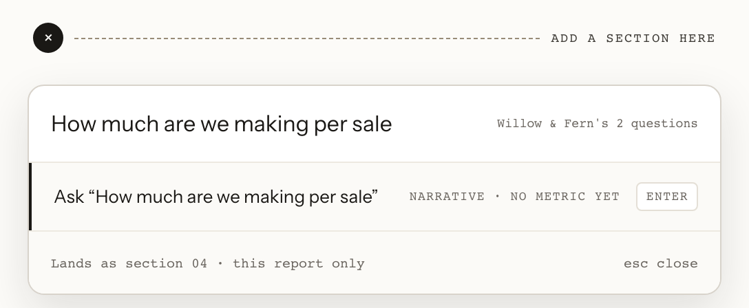 Adding a section to a report: under “Add a section here”, the question “How much are we making per sale” typed in, offered as a new section for this report only.